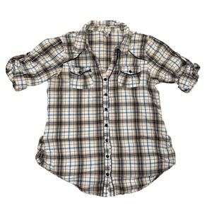 Street Flower Plaid Roll Tab‎ Sleeve Button Down Shirt Juniors Size XL Y2K